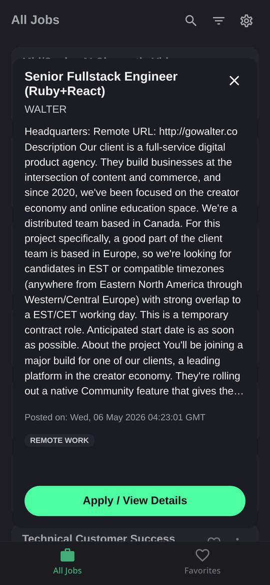 Job detail view in dark mode