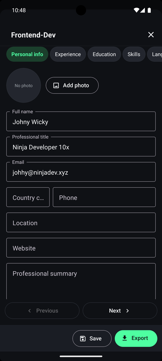 In-app CV builder