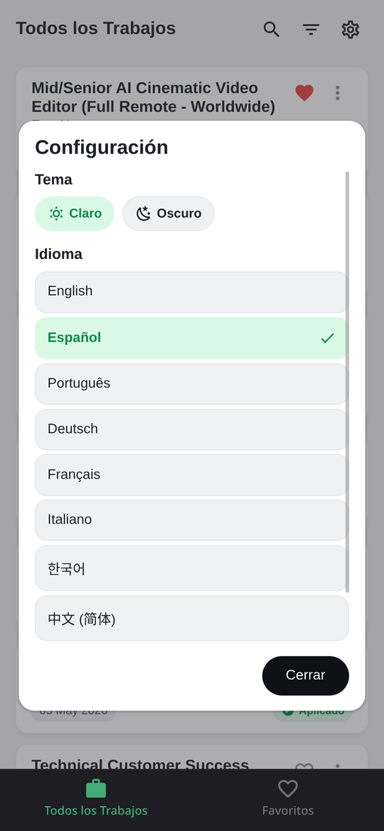 Settings sheet with theme and language options in Spanish