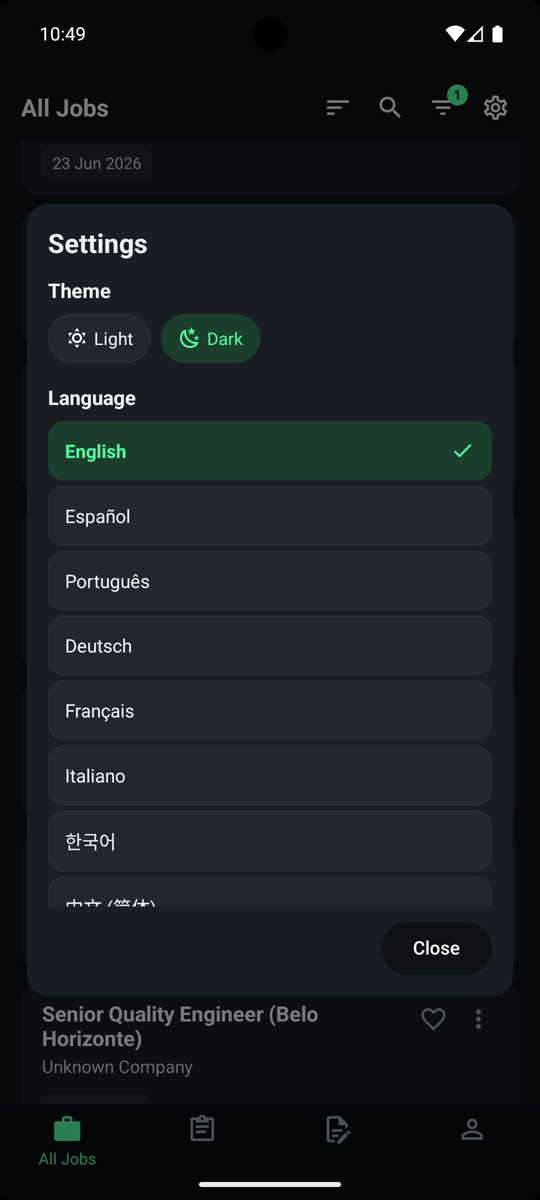 Settings with theme, language, and account options